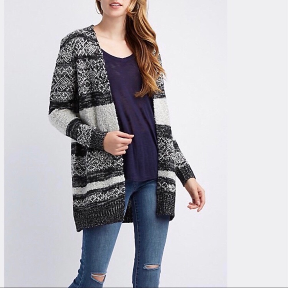 striped mixed knit open front cardigan
